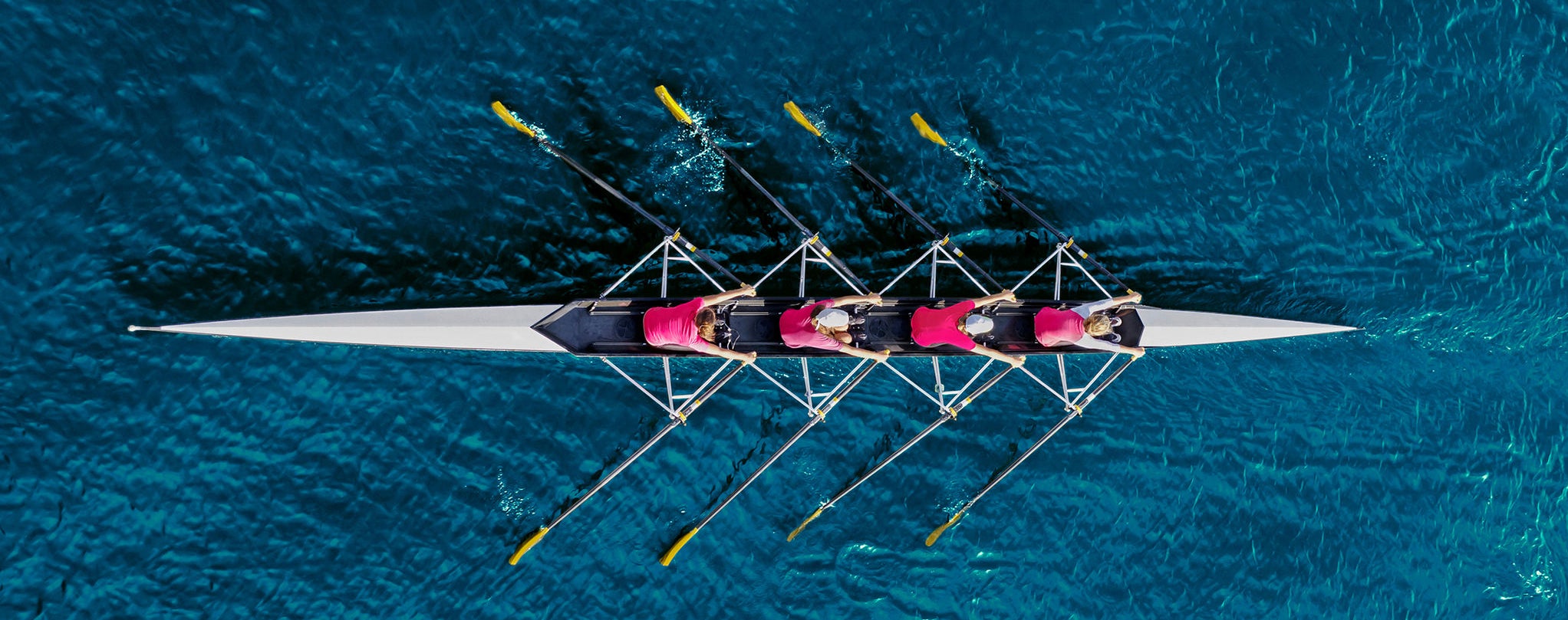 Women's rowing team on blue water, top view